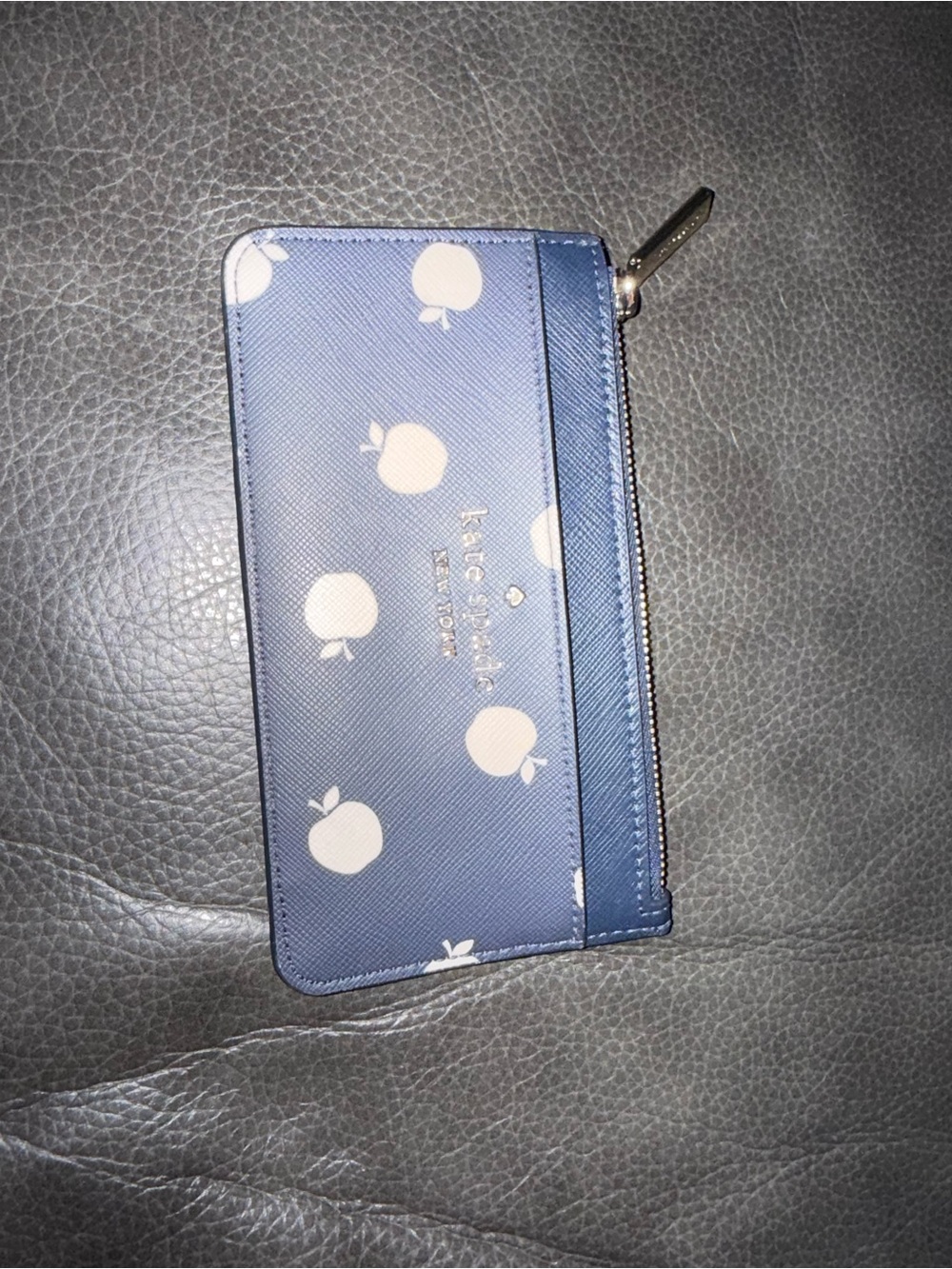 kate spade navy zip card wallet with Orchard apple print